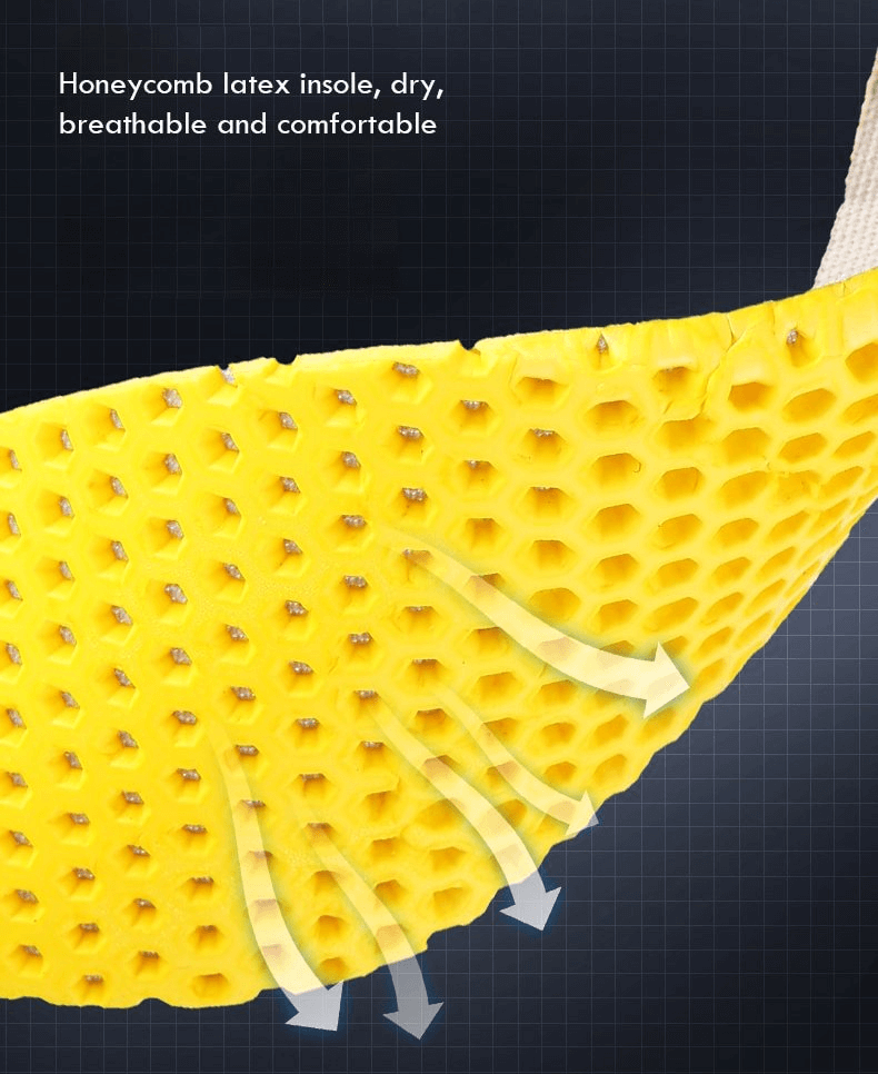 Yellow honeycomb latex insole highlighting breathability and comfort for men's sports sneakers, ideal for camping and outdoor activities.